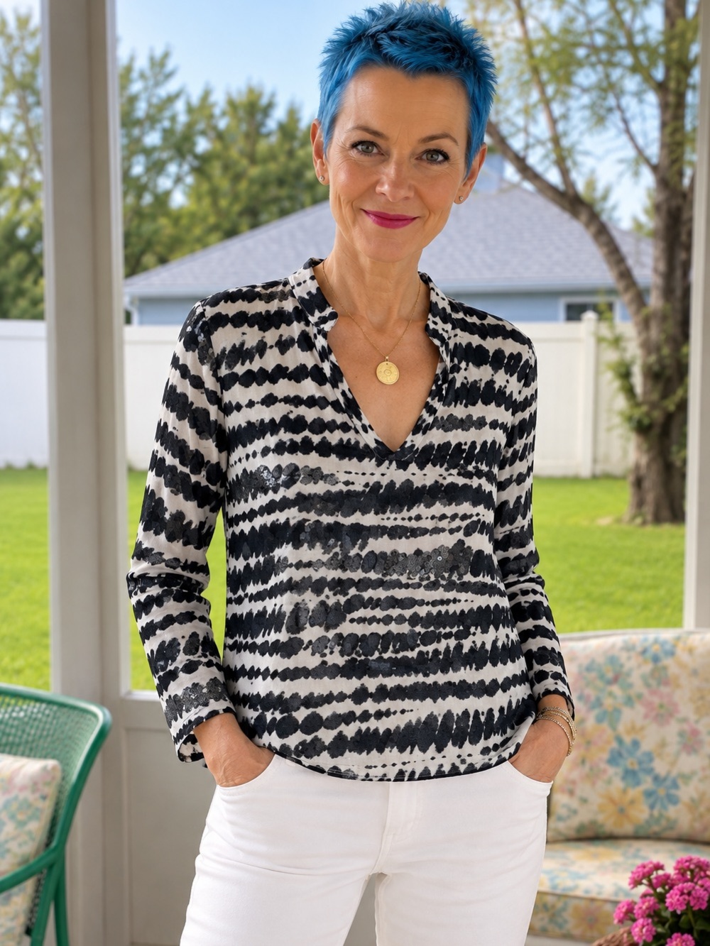 Tory Burch Black White Sequin Printed V-Neck Blouse Size 4
